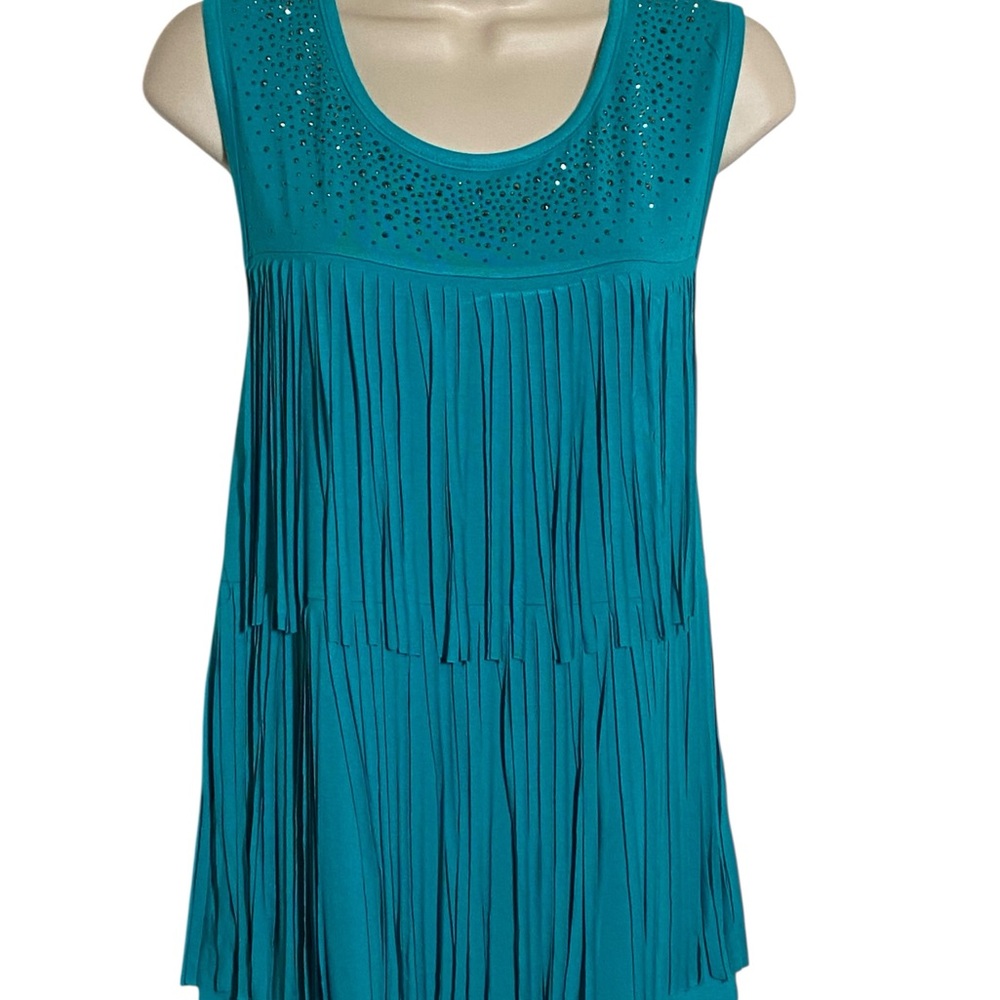Vocal Beautiful Jade Tank, Double Fringe Front, Bling Front Yoke Relaxed Fit